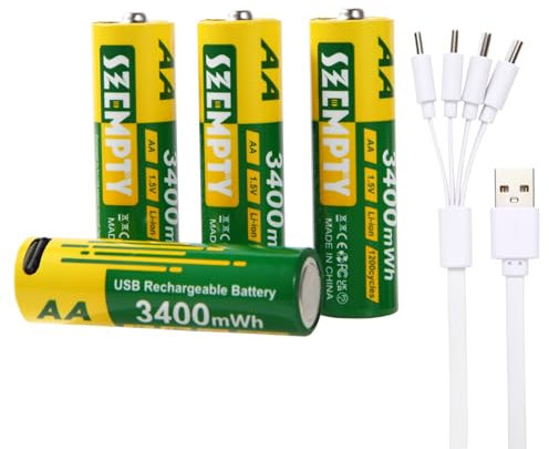 SZEMPTY AA USB Wiederaufladbare Batterien-4 Pack, 3400mWh(2250mAh) Double A 1.5V Lithium USB-C Pila Wiederaufladbare Batterie mit 4 in 1 USB-A zu USB-C Ladekabel, Über 1200 Zyklen. …