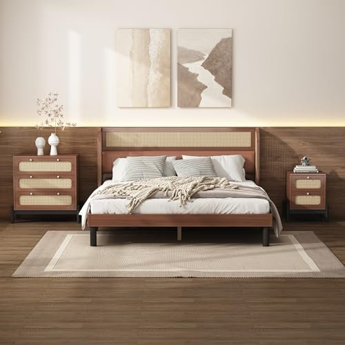 I0I&I0I Komplettschlafzimmer Set, 3-TLG. Modernes Rattan Doppelbett + Nachttisch + Kommode, 160x200cm (Walnuss)