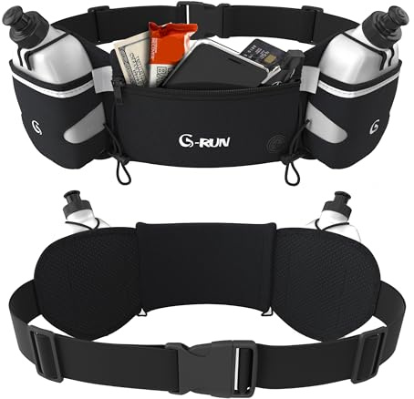 Hydration Running Belt with 2x10oz Bottles - Water Belts for Woman and Men - iPhone Belt for Any Phone Size - Fuel Marathon Waist Pouch for Runners - Jogging Cycling Biking