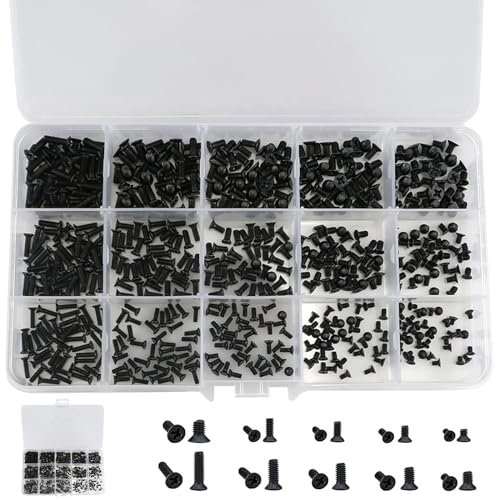 Mikroskruvar skruvar, skruvset, laptopskruvbultar, 15 storlekar, datorskruvar, för bärbar dator, dator, dator, glasögonram, armbandsur, svart, 450 stycken