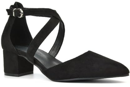 ESSEX GLAM Womens Strappy Ankle Strap Court Shoes Ladies Black Faux Suede Low Heel Point Toe Close Toe Pumps Size 4