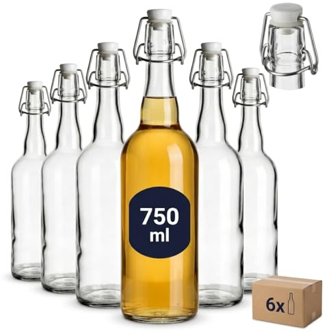 gouveo Set di 6 bottiglie di vetro con chiusura a leva, 750 ml, vuote, da riempire, con chiusura a leva, bottiglia, succo (BFR750)