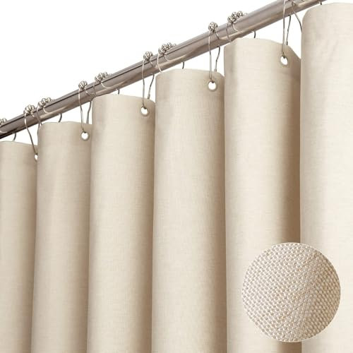 Votoko Duschvorhang 180x200, Badewanne Vorhang Textil Stoff Kunstleinen Wasserabweisend Waschbar Badevorhang mit 12 Duschvorhangringe, Vorhang für Badewanne Dusche (Beige)