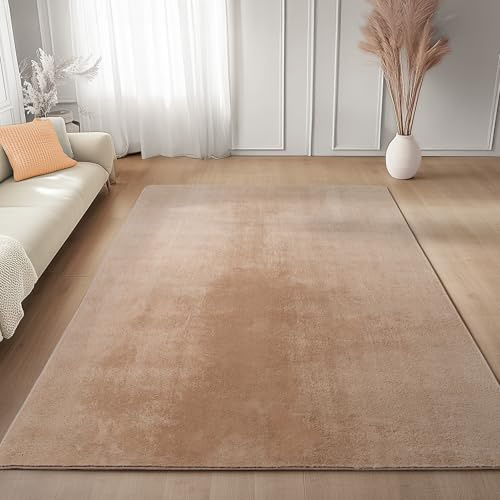 Carpettex Kurzflor Teppich Wohnzimmer 140 x 200 cm Beige - Teppich Waschbar, Weich, rutschfest, modern einfarbig Design - für Schlafzimmer, Küche, Esszimmer