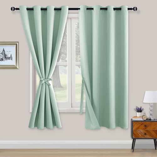 XWZO Blackout Curtains Shades Window Curtain Panels with Tiebacks- Noise Reduction and Thermal Insulated Eyelet Curtains for Bedroom,Living Room,Office,Study Room Bean Green W52xL54