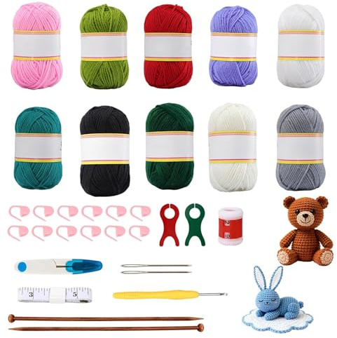 KINDPMA Lanas para Crochet 10x50g, con 6mm Gancho y Accesorios, Hilo para Tejer Amigurumi, Calcetines, Bufandas 01