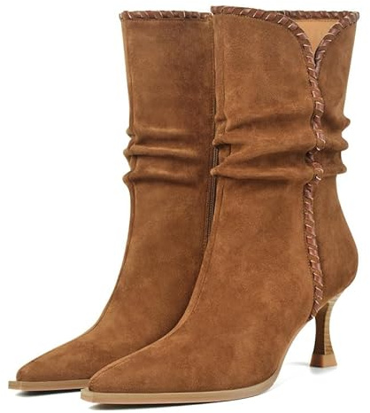 LUXMUWA Brown Slouchy Ankle Boots for Women Suede Low Kitten Heel Pointed Toe Booties Comfortable Trendy Side Zipper Fall Short Boot Size 8