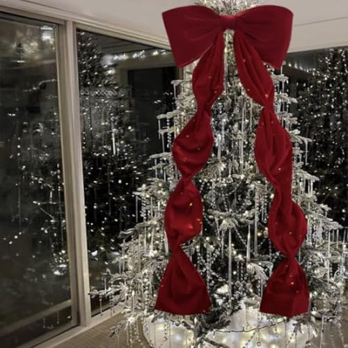 Velvet Ribbon Bows Christmas Tree Decorations,180x50cm Posable Red Bow Christmas Tree Topper Large Long Bow Chris-mas Trees Top For Trees Home Party Front Door Wreath Garland Holiday Decor