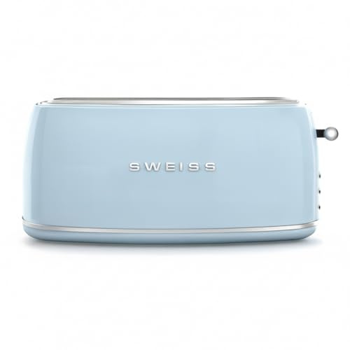 SWEISS Tostador GRV6 vintage, 2 ranuras, 6 niveles de potencia, Descongelación, Baguettes, Rápido y uniforme, Fácil limpieza, Bandeja recogemigas, Azul, 1500 W