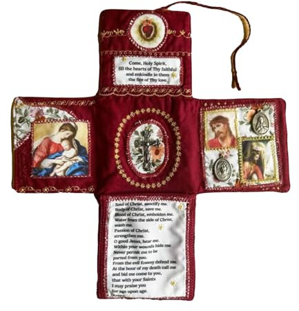 Devocional de bolsillo hecho a mano, edición de fe, edredón de oración con cruz plateada en el interior, santuario de bolsillo católico bordado, bolsa de tela plegable para regalo cristiano de