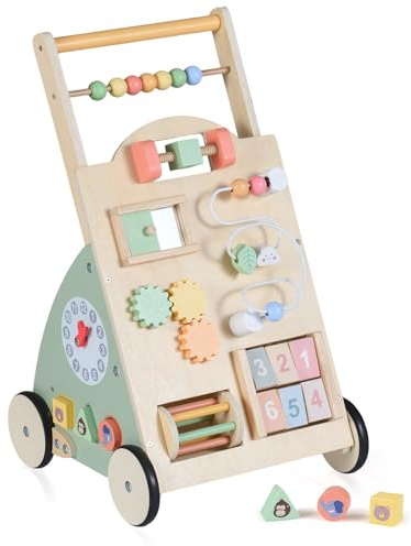 COSTWAY Baby gåstol trä, lärahjälpmedel med aktivitetsbräda, hjul och förvaringskorg, gåvagn, Montessori gå-leksak och aktivitetscentrum för barn från 1 år