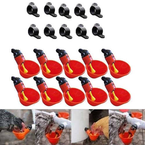 Paquete de 10 vasos automáticos de pollo y aves de corral con alimentación por gravedad y mecanismo de émbolo, adecuados para varios recipientes de agua