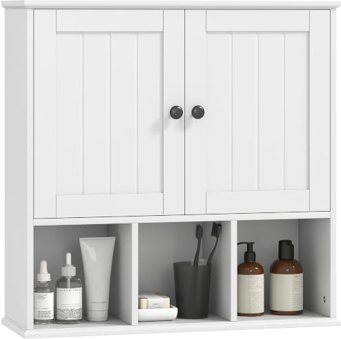 HOMCOM Armoire Murale de Salle de Bain 2 Portes 60 x 19,5 x 60 cm Blanc | Meuble de Rangement Suspendu pour Salle de Bains, Étagère Réglable, Compartiments Ouverts, Meuble WC Suspendu