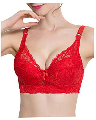 sourcingmap Women Floral Lace Cotton Cup Push Up Bra Plus Size Bra 42/95 Red