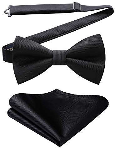 HISDERN black Bow Tie for Men Pre-tied Wedding Formal Tuxedo Bowtie Classic Handkerchief Set Adjustable