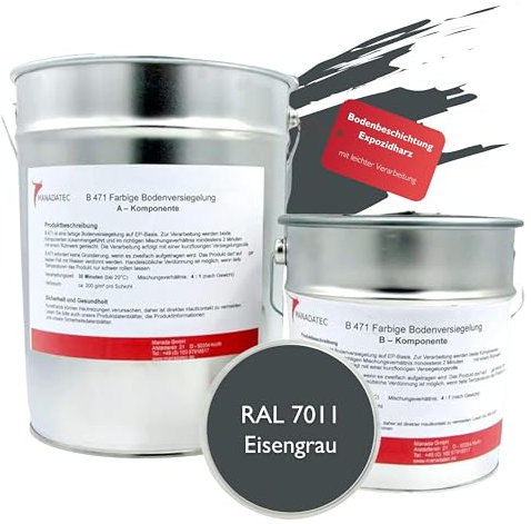 MANADATEC 2k Epoxidharz Bodenbeschichtung 2,5kg I RAL 7011 Eisengrau I Lösemittelfrei, Umweltfreundlich & Geruchsneutral I Beschichtung für Garagen- & Kellerböden I Hohe Schlagfestigkeit