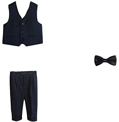 DAIHAN Ragazzi Gentalman Completo Elegante Abiti a Righe Matrimonio Formale Costumi Britannici Prom Smart Tuxedo Blazer con Accessori Floreali e Pantaloni Smoking per Cerimonia 1Nero2PCS 110