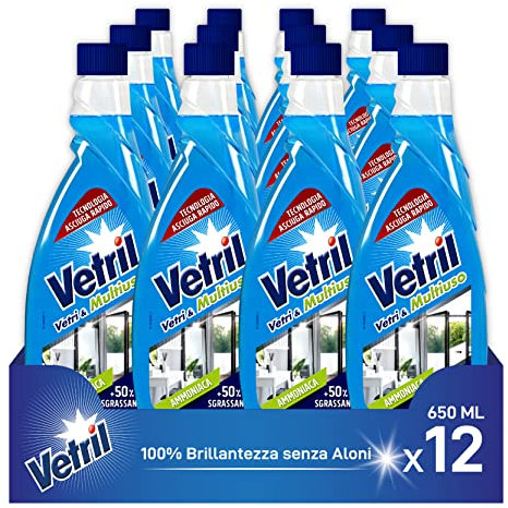 Vetril - Ricarica per Detergente Spray Vetri e Multiuso con Ammoniaca, Azione Sgrassante e Tecnologia Asciuga Rapido, in Ecoflacone, 650 ml x 12 Pezzi