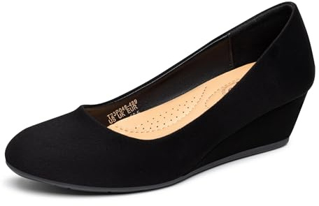 Trary Black Women's Wedges Heels for Women Pumps Round Toe Mid Heels Comfortable Closed Toe Dressy Shoes Women Pumps Wedge Dress Shoes for Wedding Work Office Party 1.8 Inches Suede