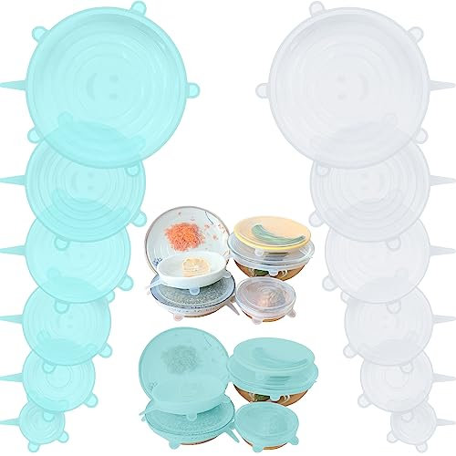 12 PCS Silicone Lids Food Covers, 6 Different Sizes Reusable Lids for Cups Bowls, Silicone Stretch Lid Microwave Freezer Can, 100% Safe Food Grade Round Shaped Tin Cover (White & Green)