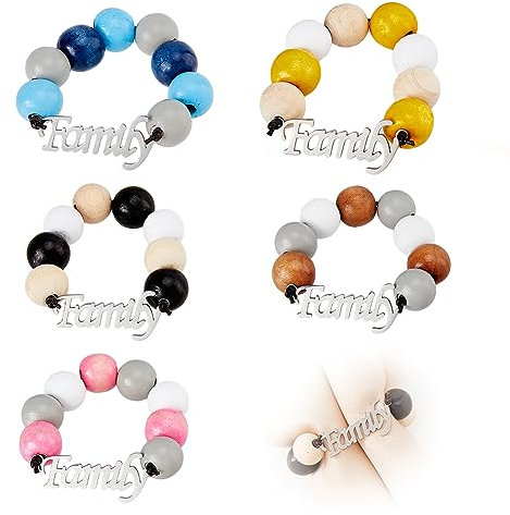 SUPERFINDINGS 5 Pcs 5 Couleurs Perles en Bois Ronds de Serviette à la Main Porte Serviettes Anneaux avec Lettre Tag Porte Serviettes Ornements Mot Famille Bois Perlé Rond de Serviette