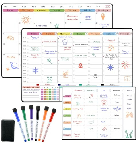 POPRUN 3 Piezas Pizarra Magnetica Nevera, Organizador Semanal, Planificador Mensual y Calendario Magnetico de Menú, Ideal para Hogar Oficina y Colegio – en Español