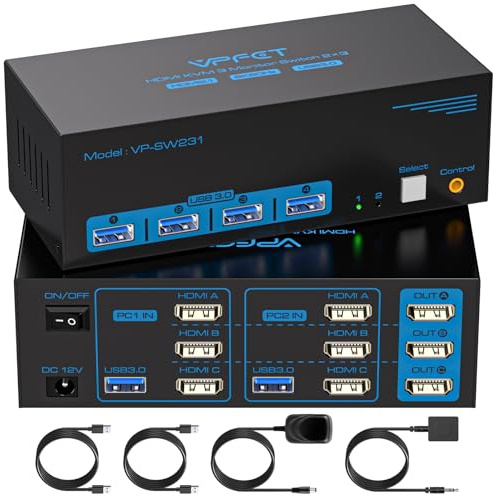KVM Switch HDMI 2 PC 3 Monitor 8K@60Hz, Conmutador KVM USB 3.0, Doble PC Comparte 3 Pantallas y 4 USB Teclado, Ratón, Impresora, Pendrive, Incluye Fuente de Alimentación y Control de Escritorio