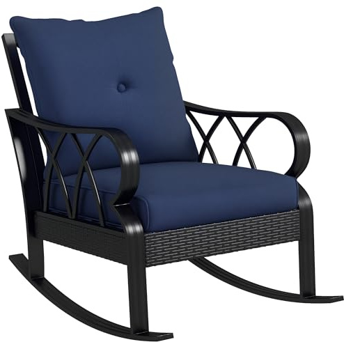 Outsunny Outdoor Wicker Rocking Chair with Padded Cushions, Aluminum Furniture Rattan Porch Rocker Chair w/Armrest for Garden, Patio, and Backyard, Navy Blue