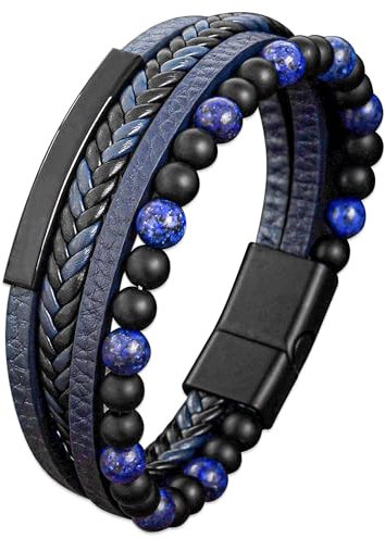 Mochity Lederarmband - Edelstahl Herren Bracelet 21cm, Schwarz, Braun, Blau - Armband Männer Marken Schmuck