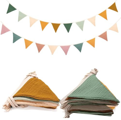 2 Stück Wimpelkette Aus Musselin Baumwolle - Stoff Girlande Für Kinderzimmer - Bunte Deko Zum Aufhängen