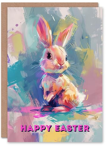 Artery8 Easter Card Cute Baby Bunny Rabbit Pastel Colour Oil Painting For Child Kids Greeting Card