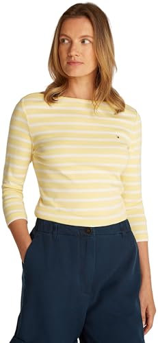 Tommy Hilfiger Damen Langarmshirt Slim U-Boot-Ausschnitt, Mehrfarbig (Citronella/Ecru STP), XS