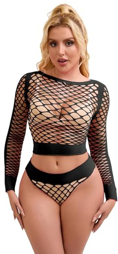 comeondear Womens Lingerie Set Long Sleeve Fishnet Crop Top and Panty | UK 8-24 Black Pink Green, Plus Size, Stretchy, Sexy Mesh Nightwear, Sheer Rave Outfits, Clubwear for Festival