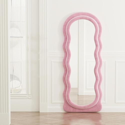 Vågig golvspegel, golvspegel i full längd, oregelbunden vågspegel, stående spegel i full längd, flanelllindad träramspegel, rosa, 170 * 70 cm