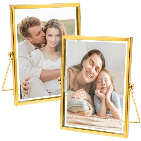 Ranjima 2 st 15 x 20 cm bildram guld A5 dubbelglas fotoram glasram för pressade blommor, metall skrivbord glas bord bildram stående dubbelsidig fotoram display foton, konstverk, affischer