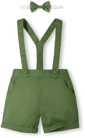 Volunboy Bambino Pantaloncini con Bretelle, Ragazzo Estivi Casual Lino Shorts con Papillon 3 Pezzi(Verde Foresta,4-5 Anni,Taglia 120)