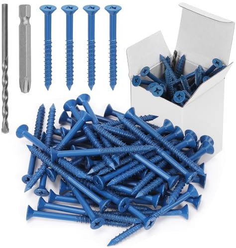 Swpeet 52 anclajes de tornillo de hormigón de cabeza plana de 1/4 x 3-1/4 pulgadas con broca de destornillador y kit surtido de brocas, tornillos de hormigón autorroscantes para anclaje a bloques de