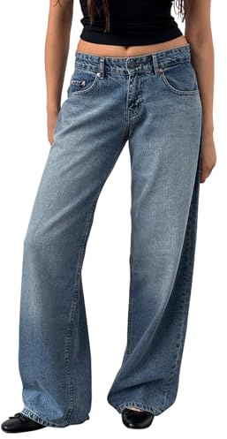 Yassiglia Women's Baggy Jeans Low Rise Straight Wide Leg Denim Pants Y2K Casual Boyfriend Jeans with Pocket for Women Streetwear (Blue, S)