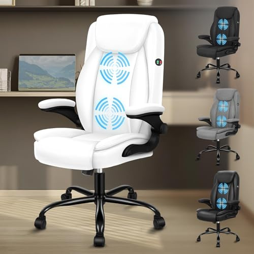 ALFORDSON Massage kontorsstol, datorfåtölj, skrivbordsstol i konstläder, lastkapacitet 150 kg, ryggstöd 90-135°, ergonomisk PC-stol höjdjusterbar, vit
