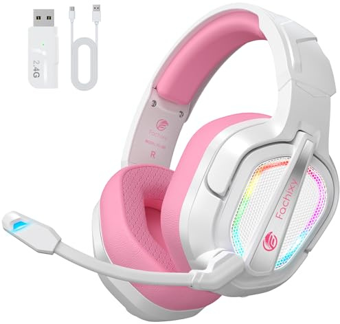 Fachixy FC200 Cascos Gaming Inalámbricos, 2.4GHz Bluetooth Auriculares Gaming Inalambricos para PS5, PS4, PC, Switch, Cancelación de Ruido de Baja latencia, luz LED, Duración 50Hr