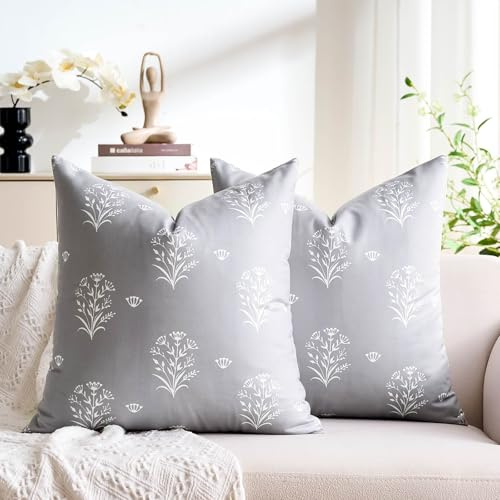 DecorMommt Kissenbezug 45x45 Landhausstil Deko Grau Kissenbezug mit 2 verschiedenen Pflanzen Mustern Boho Couchkissen Saisonnal Kissenbezüge Wohnzimmer Garten Sofa Deko 2er Set