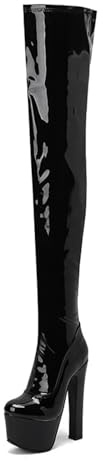 WOkismD Botas de Plataforma de Cuero Charol para Mujer hasta el Muslo - Tacón Alto Grueso de 6,7, Acabado Brillante, Cremallera Lateral,Negro,45 EU
