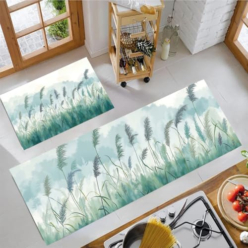 Tappeto da cucina e tappetini, Stile Country Da Sogno Foresta Di Canne, colore cucina,tappetino da cucina antiscivolo, tappetino da cucina in Verde, set per interni ed esterni, 45x75+45x150cm