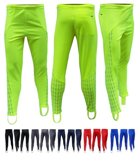 Acclaim Athens Mens Four Way Stretch Polyester Reflective Print Running Exercise Fitness Training Elasticated Tie Cord Waist Track Tights Pants Leggings with Stirrups (Fluo Yellow, Medium)