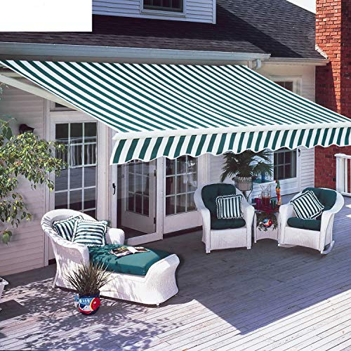 Diensweek 10'x8' Patio Awning Retractable, Fully Assembled Manual Commercial Grade - Quality 100% 280G Ployester Window Door Sunshade Shelter - Deck Canopy Balcony P100 Series (Green/White Stripes)
