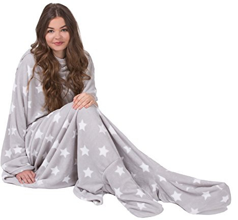 SLOUCHER - Kuscheldecke mit Füßlingen aus weichem Coralfleece - Wohndecke für warme Füße, Farbe:grau