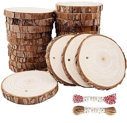 William Craft Rodajas de Madera Círculos 8-9cm 25 pcs Discos de Madera Rebanada 10m Cuerda de Cáñamo Maderas Naturales Perforado Con Corteza de Árbol Para Manualidades