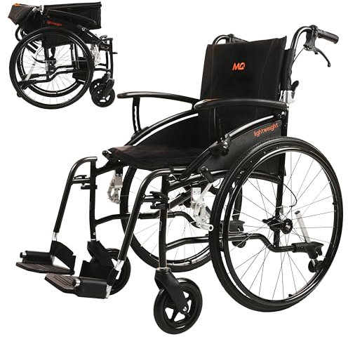 MobiQuip Lightweight, Manual Self Propelled Wheelchair, 12kg, Super Light, Aluminium Frame Wheelchair, Folding, with 24 Inch Quick Release Sports Wheels (Black Frame 18 Inch Seat)