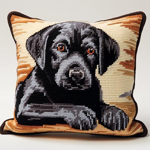 Black Labrador Retriever Latch Hook Kits Pillow with Printed Canvas Handmade Cushion Crochet Yarn Embroidery Hook and Latch Kit Pillowcase Christmas Decoration 43x43cm(8)
