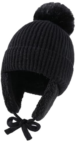 Jungerhouse Bonnet d'hiver Garçon Fille Chapeaux Pompon Tricotés Chauds Enfant Casquette Doublée en Polaire avec Cache-Oreilles 2-8 Ans (Noir,Taille Unique)